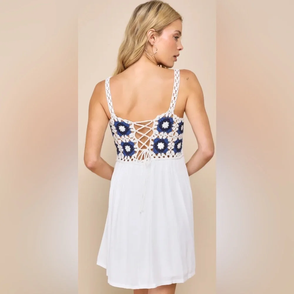 Lulus Sunny Essence White and Blue Crochet Lace-Up Mini Dress - Picture 2 of 2